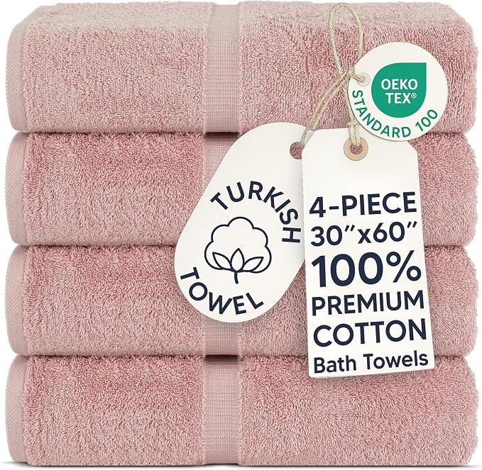 Chakir Turkish Linens 100% Cotton Premium Turkish Towels for Bathroom | 30'' x 60'' Large Bath Towels (4 Piece, Pink) | 100% cotton bath towels, 2-pack 30x60 extra large, OEKO-TEX certified, soft plush and absorbent