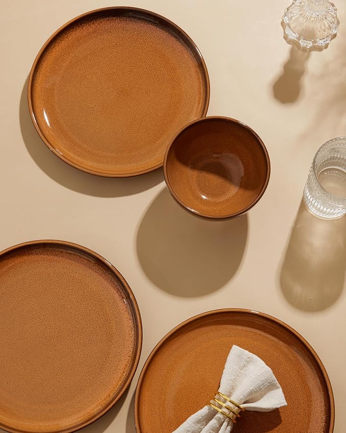 Santorini Mist Terracotta Reactive Glaze Plates and Bowls Sets, Stoneware Dinnerware Sets, Microwave and Dishwasher Safe Ceramic Dish Set Service for 4, Caramel Brown