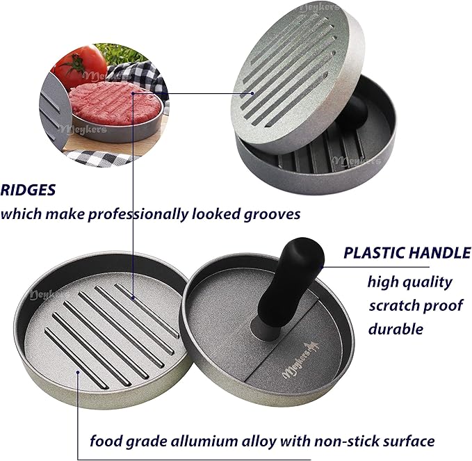 Meykers Hamburger Press Patty Maker 150 Paper, 4.5” Burger Mold Meat Shaper | Non-Stick, BPA Free, Dishwasher Safe, Juice-Locking Grooves, Wax Paper, Beef Cheese Burger for Kitchen Grill Griddle BBQ