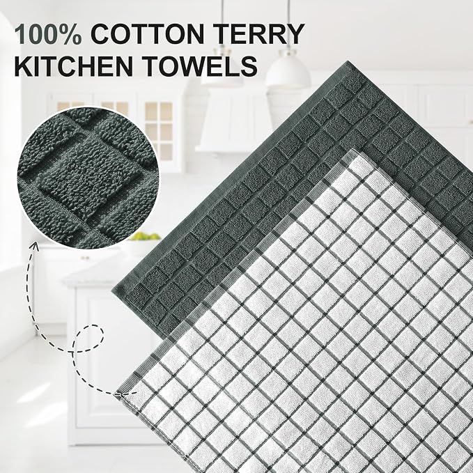 Homaxy Large Premium Cotton Kitchen Towels 16"x 28", 12 Pack, Dark Green | Natural Ring Spun 390 GSM Dish Towels, Super Absorbent Terry Kitchen Hand Towels, Soft Tea Towels with Hanging Loop