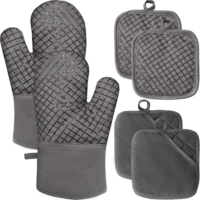 4 Pcs Oven Mitts and Pot Holders,High Heat 500°F Resistant Glove Potholder with Thick Cotton,Silicone Non-Slip Surface Long Kitchen Oven Glove for Cooking Baking Grilling(Grey)