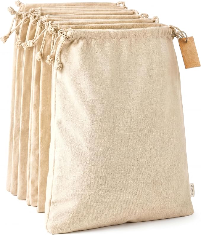 Cotton Storage Bags – X-Large 14x17 Inch (6-Pack) – Reusable Muslin Bags with Drawstrings – Biodegradable Canvas Fabric Sacks – Perfect for Bread, Bulk Produce, Potatoes, Onions, Shoes