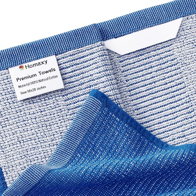 Homaxy 380 GSM Cotton Premium Kitchen Towels 6 Pack, 18"x 28", Blueberry | Flat and Terry Dish Towels, Highly Absorbent Tea Towel Set with Hanging Loop, Soft Utility Kitchen Hand Towels