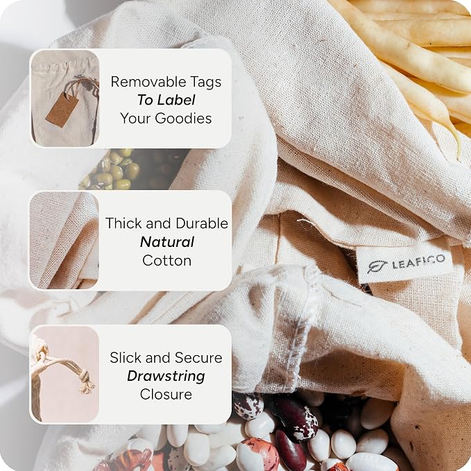 Cotton Storage Bags – X-Large 14x17 Inch (6-Pack) – Reusable Muslin Bags with Drawstrings – Biodegradable Canvas Fabric Sacks – Perfect for Bread, Bulk Produce, Potatoes, Onions, Shoes