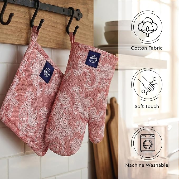 Encasa XO Oven Mitts and Pot Holders Set, Heat Resistant Cotton | Floral Red, Diamond Quilted | Non-Slip Grip | Microwave & Oven Safe | Hanging Loop | Machine Washable | Set of 2