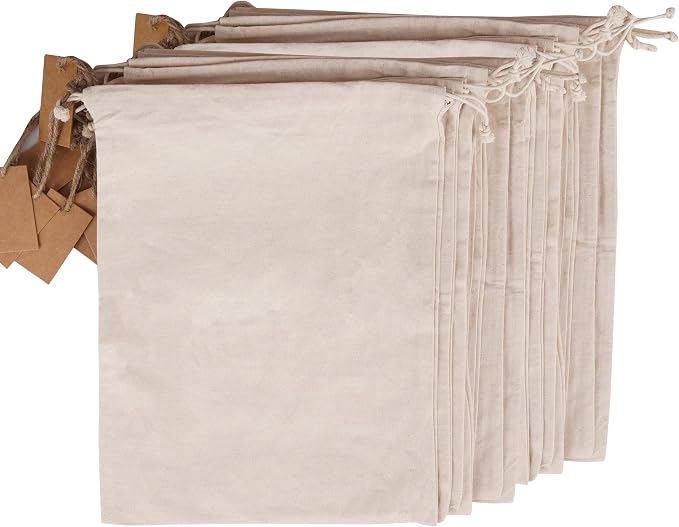 Marubhumi Cotton Storage Bags with Drawstrings Large 10x12 Inch - 12 Pcs Reusable Muslin Bulk Flour Sack Bag,Cotton Fabric Bread Bags Bulk Food Produce Natural Storage Bag