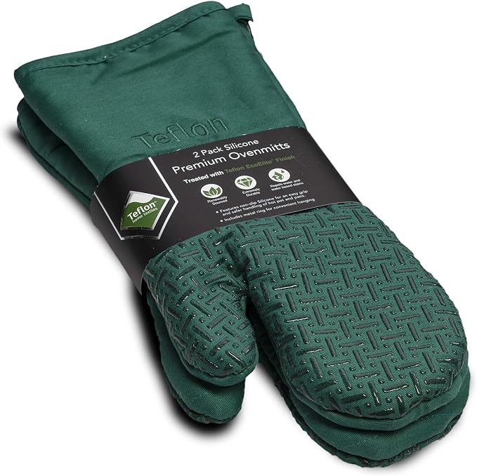 Xlnt Extra Long Oven Mitts (Green) | Teflon EcoElite Water Repellent | Heat Resistant for Oven Cooking, Grill & BBQ | Non Slip Gloves with Teflon EcoElite Finish, Cotton Lining & Hanging Loop