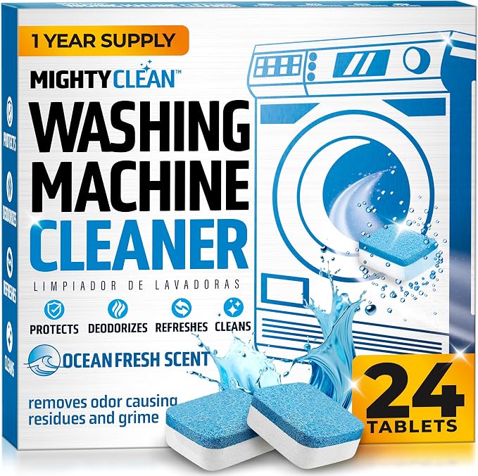 MIGHTY CLEAN Washing Machine Cleaner Tablets 24 Pack - 1 Year Supply, Septic Safe Washing Machine Cleaning Tablets, Washer Cleaner Tablet, Works with All Washers Including HE