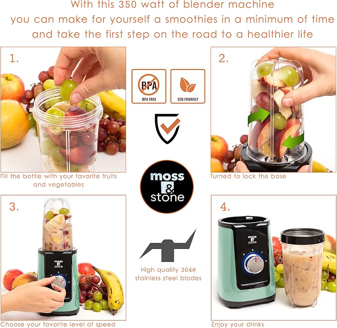 Moss & Stone Personal Smoothie Blender, Single Serve Blender for Shakes & Protein, 17oz Blend Cup & 10oz Grind Cup, Compact Mini Design for Home, Office, Gym & Travel