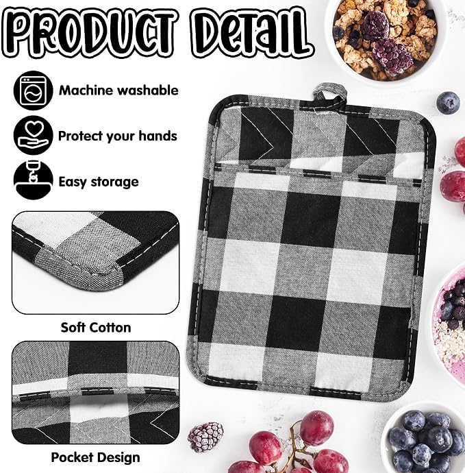 R HORSE 6 Pack Black Gray Check Pot Holders with Pocket, 7''x 9'' | Cotton Plaid Kitchen Potholders, Heat Resistant Oven Mitts, Non-Slip Hot Pads Terry Cloth, Ideal for Cooking, Baking
