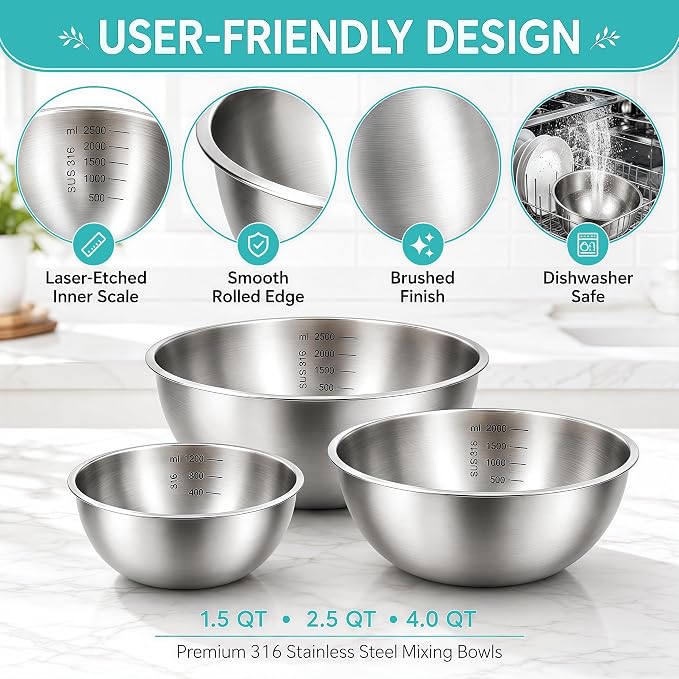 Stainless Steel Mixing Bowls Set of 3, 1.5/2.5/4 Qt Metal Mixing Bowl Set for Baking, Salad, Cooking & Meal Prep, Nesting Stainless Steel Bowls with Measurement Marks, Dishwasher Safe