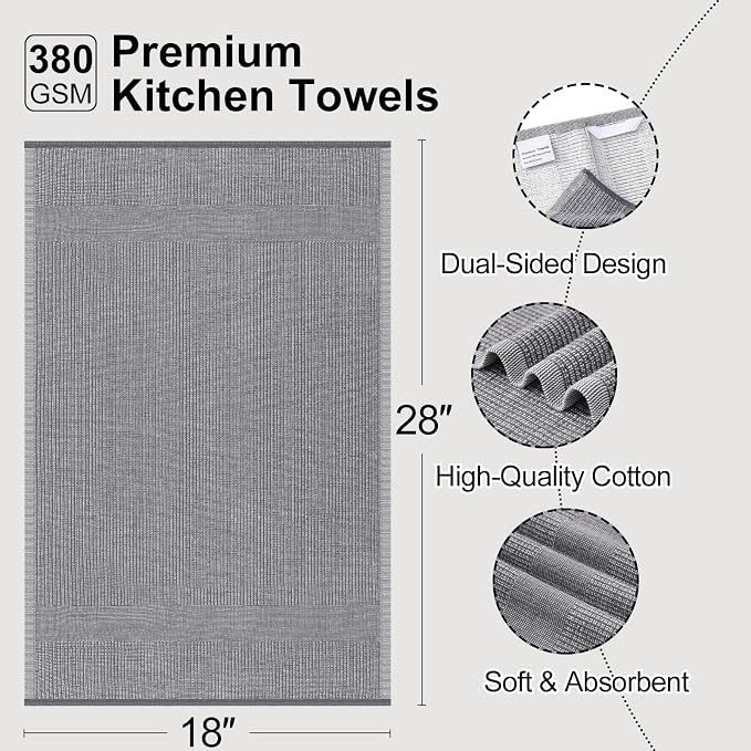 Mordimy Premium Large Cotton Kitchen Towels (18"x 28", 3 Pack), Grey | 100% Ring Spun Cotton, Super Absorbent, 380 GSM, Flat & Terry, Soft, Hanging Loop Dish Towels
