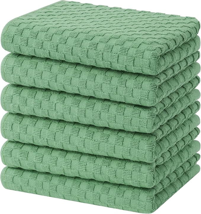 Homaxy 100% Cotton Terry Kitchen Towels(15" x 25", 6 Pack), Grass Green | Soft and Super Absorbent Dish Towels, 380 GSM Reusable Tea Towel with Hanging Loop, Pineapple Grid Designed