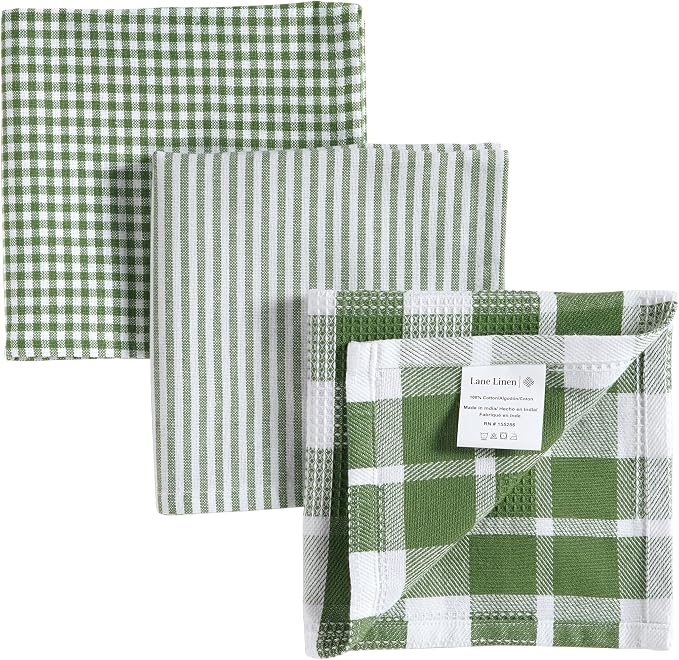 LANE LINEN 100% Cotton Kitchen Dish Cloths, Ultra Soft Absorbent Quick Drying Dish Towels, Multiweave Wash Cloths Dish Towel Sets, 12x12 Inches, 12 Pack - Olive
