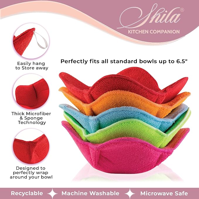 Bowl Snuggies, Multicolor Set of 5 Microwave-Safe Hot Bowl Holders to Keep Your Hands Cool and Your Food Warm, Polyester & Sponge Heat Resistant Dish Pads for Soup, Rice and Pasta