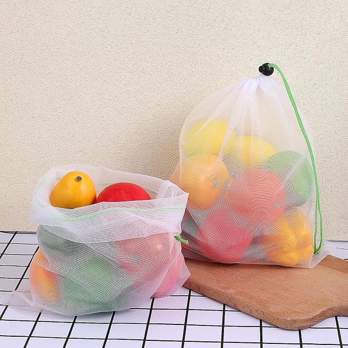 TIESOME 8PCS Reusable Produce Mesh Bags, Washable Vegetable Storage Bags | Grocery Storage Mesh Bags with Drawstring Transparent Toy Organizer Bags for Farmers Market Refrigerator Storage