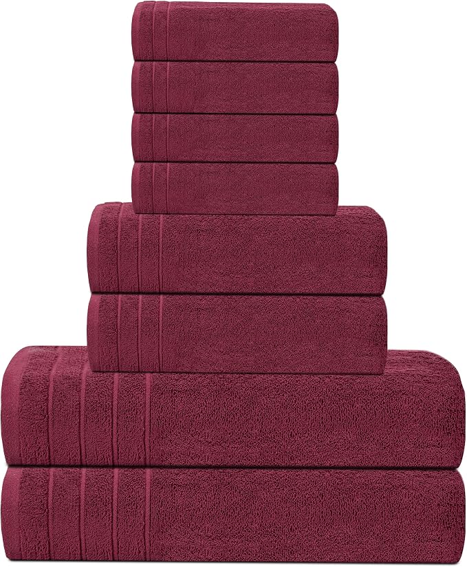8 Piece Towel Set, 2 XL Bath, 2 Hand, 4 Washcloth, Burgundy | 100% Cotton, Lighter Weight, Quicker to Dry, Super Absorbent, Perfect for Bathroom