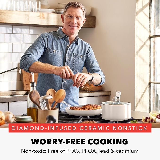 GreenPan x Bobby Flay 1.67QT Ceramic Nonstick Saucepan with Lid, Cream | PFAS-Free Diamond Ceramic Nonstick Chef Pan, Silicone Handle, Induction & All Stovetop Compatible, Dishwasher and Oven Safe