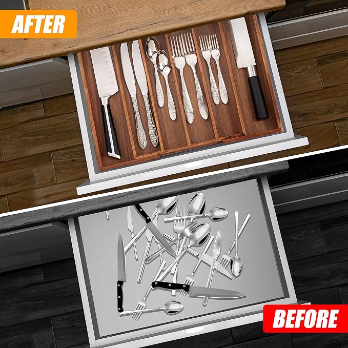 Acacia Silverware Organizer Kitchen Drawer Organizer Expandable Bamboo Utensil Holder Cutlery Tray for Kitchen Utensil and Flatware Bedroom Office