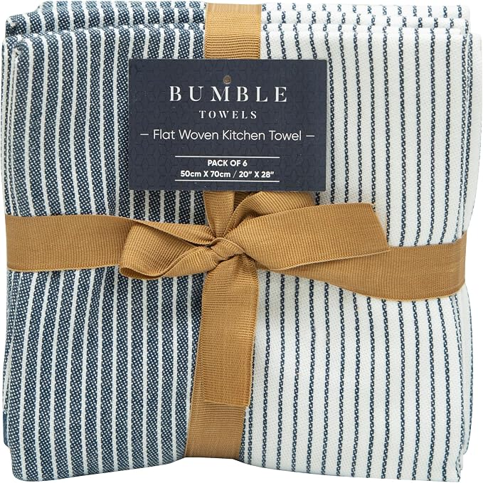 Premium Kitchen Towels 6 Pack 100% Cotton, 20"x28" - Blue | 238GSM Yarn Dyed Flat Woven Stripe Dish Towel for kitchen | Kitchen hand towels with Hanging Loop | Absorbent Linen set