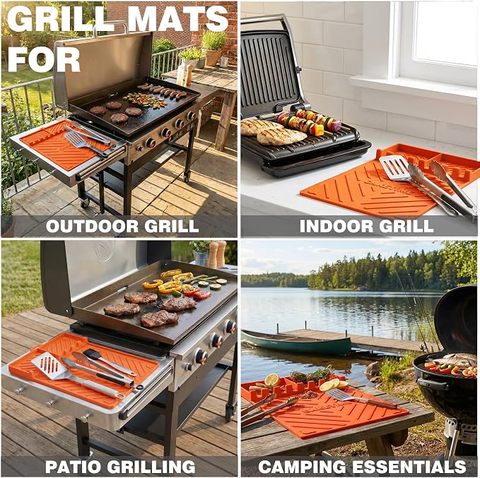 CAKETIME Silicone Grill Mats for Blackstone Griddle Accessories Baking Cooking Kitchen BBQ Must Haves Countertop Weber Traeger Stove Outdoor Camping Lawn Orange Father Dad Chef Men Gifts