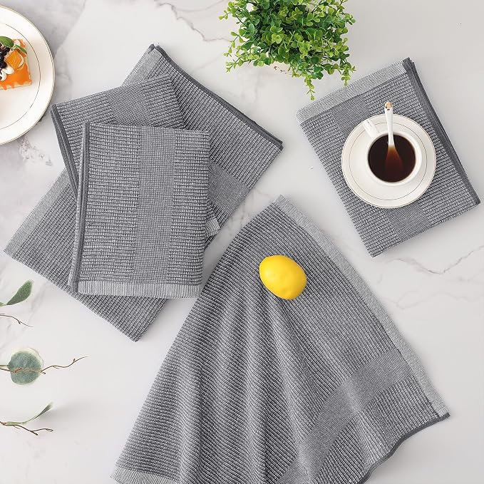 Mordimy Premium Large Cotton Kitchen Towels (18"x 28", 6 Pack), Grey | 100% Ring Spun Cotton, Super Absorbent, 380 GSM, Flat & Terry, Soft, Hanging Loop Dish Towels