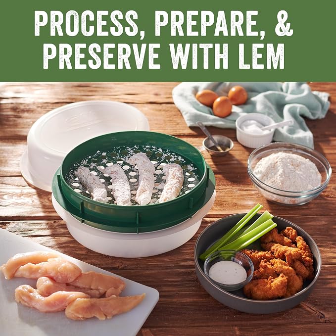 LEM Products Batter Bowl with Lid, Plastic, Translucent and Green | Mess-Free Meat Prep Bowl, Shake to Season Food, Great for Breading, Seasoning, Flour, Chicken, Meat, Seafood, Vegetables