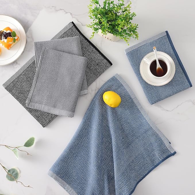 Mordimy Cotton Kitchen Towels (18"x 28", 6 Pack), Navy Blue/Grey/Black | 100% Ring Spun Cotton, Super Absorbent, 380 GSM, Flat & Terry, Soft, Hanging Loop Dish Towels