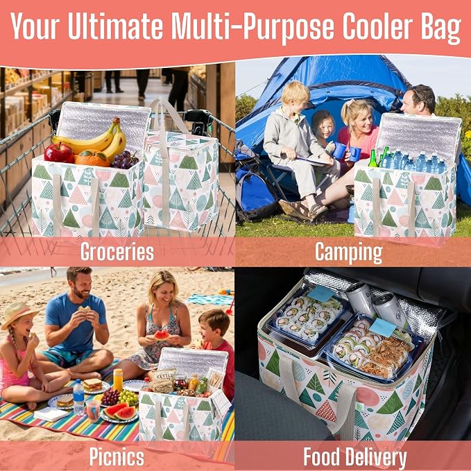 VENO 2 Pack Insulated Cooler Bag for Food Delivery, Reusable Grocery Bag | Heavy Duty Large Collapsible Cooler Shopping Tote w/ Zippers, Foldable, Stands Upright for Camping (Pastel Forest, 2 Pack)