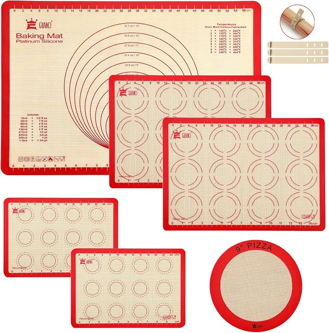 Silicone Baking Mat Set of 6, Includes 25"x17.5" Large, 2 Medium 16.5"x11.6", 2 Small 11.75"x8.25", 9" Round, All Mats 0.70mm Thick, Non-Stick Reusable Baking Mats for Pizza, Cookie, Bread