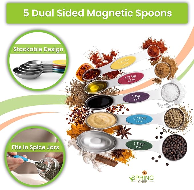 Spring Chef Magnetic Measuring Cups & Spoons Set of 9, Patented, Multicolor | Nesting Stainless Steel Measuring Cups & Heavy Duty Metal Measuring Spoons with Levelers for Dry & Liquid Ingredients