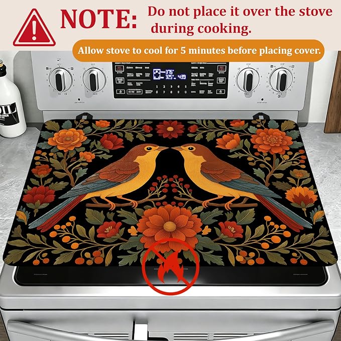Vintage Birds Flowers Stove Top Covers for Electric Stove,Retro Glass Top Stove Cover, Heat Resistant Range Covers for Electric Stove,Washable Countertop Mat, 28 x 20 Inch