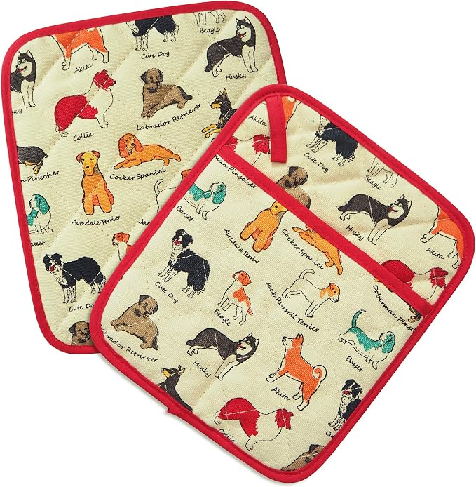 Pot Holders Set of 2 Heat Resistant 480℉ Kitchen 100% Cotton | Comfortable Lining Printing Dog Flower Women Men Home Cooking Baking Microwave BBQ Gift(Dog)