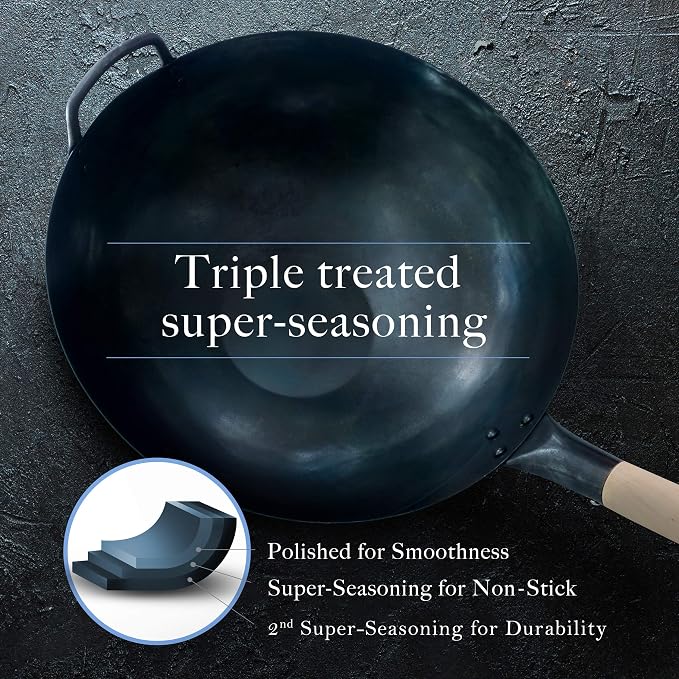 Pre Seasoned Blue Carbon Steel Flat Bottom Wok -14 Inch Chinese Pow Wok - Traditionally Hand Hammered Woks and Stir Fry Pans