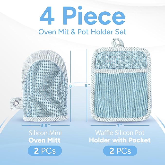 Casa Platino BBQ Gloves & Potholders Set, 4Pc Kitchen Mitts for Oven & Baking, Holder for Hot Pots & Dishes – Heat Resistant Up to 500°F, Non-Slip & Machine Washable – Cornflower