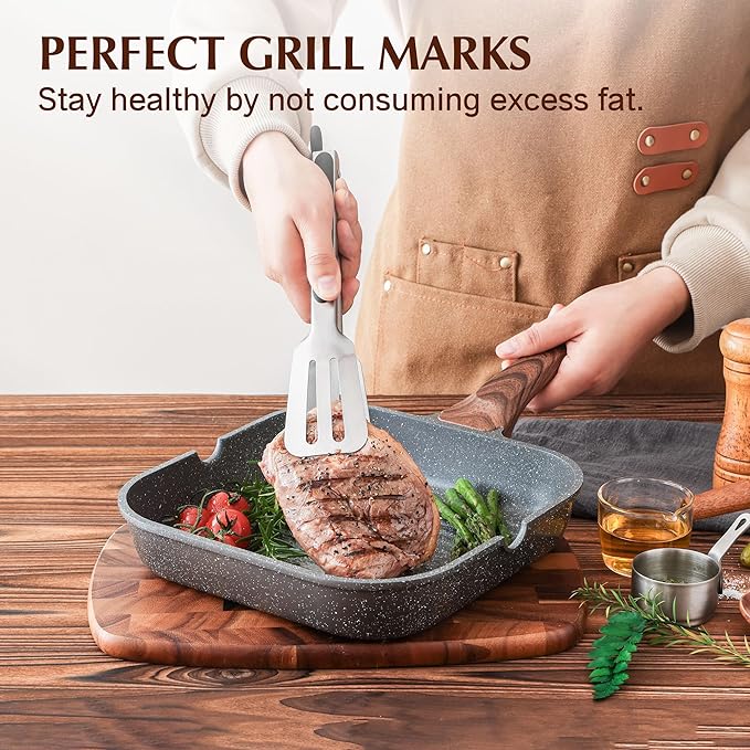 SENSARTE Nonstick Grill Pan with Lid, Grill Pan for Stove Tops, Versatile Griddle with Pour Spouts, Square Big Cooking Surface, Durable Skillet Indoor & Outdoor Grilling. PFOA Free, 9.5 Inch