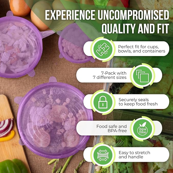 Reusable Silicone Stretch Lids for Food Storage in Fridge - Elastic Heat-Resistant Bowl Covers, Cups, Cans, Jars - Universal Food Grade Lid for Containers - 7 Pack - Purple Stretchy Lid Set