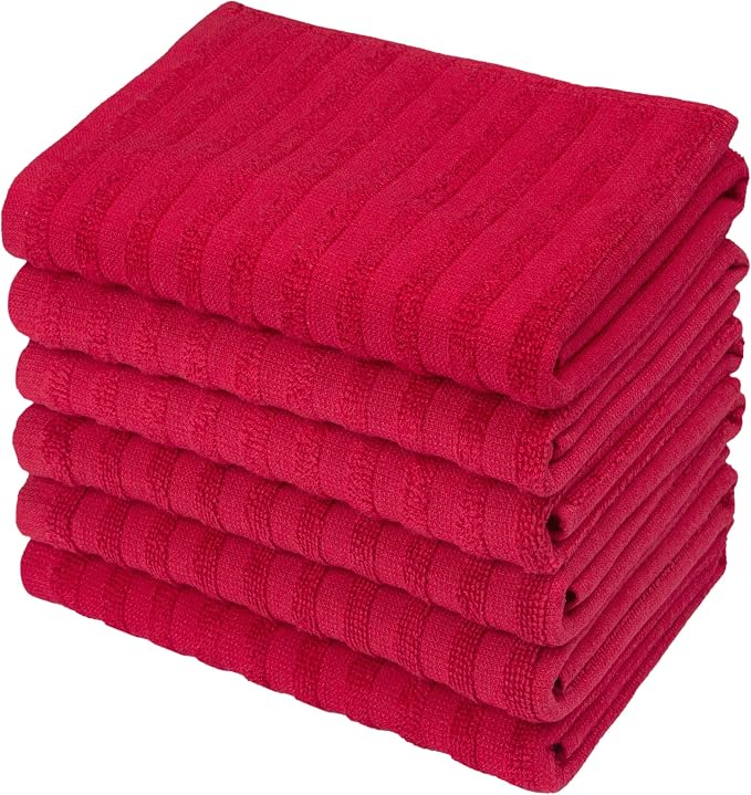 Premium Kitchen Towels 6 Pack 100% Cotton, 20"x28" - Red Solid | Large 450 GSM Terry Dish Towel, Kitchen Hand Towels with Hanging Loop, Highly Absorbent for Washing and Drying Dishes