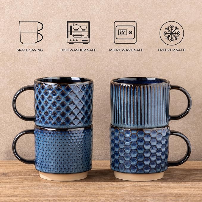 GBhome 12 OZ Stackable Coffee Mugs Set of 6, Ceramic Coffee Cups Set | 3 Assorted Designs, Embossed Mugs with Texture Patterns for Tea/Coffee, Dishwasher&Microwave Safe, Deep Sea