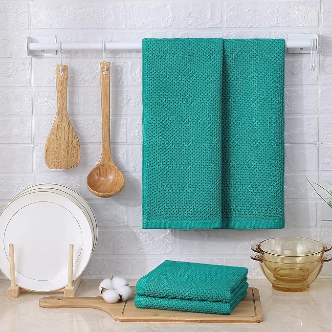 Kitinjoy 100% Cotton Waffle 8-Pack Kitchen Towels, 13" x 28", Teal | Super Soft, Ultra-Absorbent, Fast Drying, lightweight, Quick Drying Kitchen Hand Towels