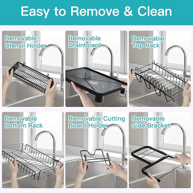 2 Tier Black Dish Drying Rack and Drainboard with Utensil Holder | Dish Drainer with Drainboard, Cups Holder for Small Kitchen, Space Saving, Rustproof, Auto Drain, Fits for 1-2 People