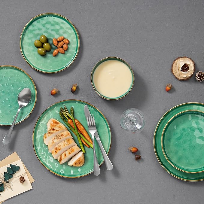 E-far Stoneware Dinnerware Set, 16-Piece Plates and Bowls Sets for 4 | Modern Dishes for Kitchen Dining, Reactive Glazing Ripple Design, Chip Resistant, Microwave & Dishwasher Safe, Reactive Green