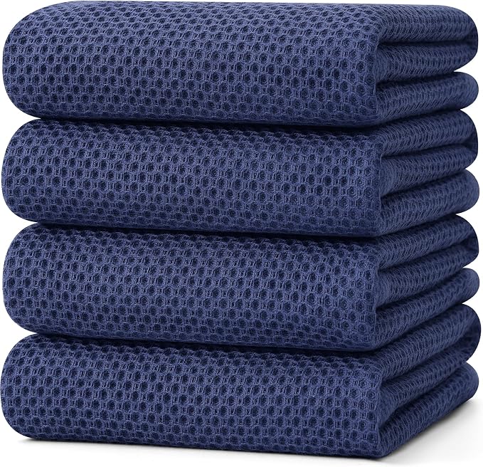 Kitinjoy 100% Cotton Waffle 4-Pack Kitchen Towels, 20" x 28", Navy Blue | Super Soft, Ultra-Absorbent, Fast Drying, lightweight, Quick Drying Kitchen Hand Towels