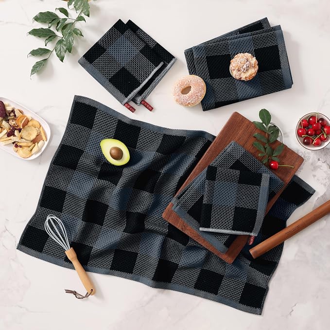 Homaxy Kitchen Towels and Dishcloths Set, Set of 8, Black & Grey | Bulk Cotton Waffle Weave Check Plaid Kitchen Towels, Super Soft and Absorbent Dish Cloths, 12 x 12 and 20 x 28 Inches