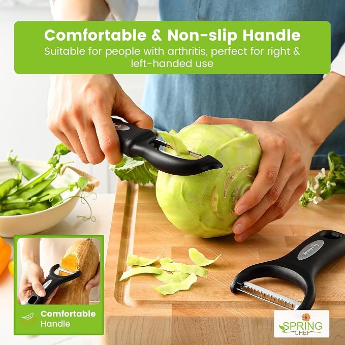 Spring Chef Swivel Potato Peeler & Julienne Vegetable Peeler w/Soft Handle | Premium Multifunctional Peelers for Kitchen with Sharp Stainless Steel Blades & Blade Covers, Dishwasher Safe Veggie Peelers
