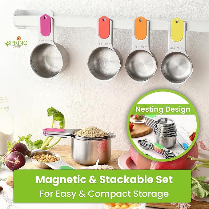 Spring Chef Magnetic Measuring Cups & Spoons Set of 15, Patented, Neon | Stackable Stainless Steel Measuring Cups & Heavy Duty Metal Measuring Spoons with Levelers for Dry & Liquid Ingredients