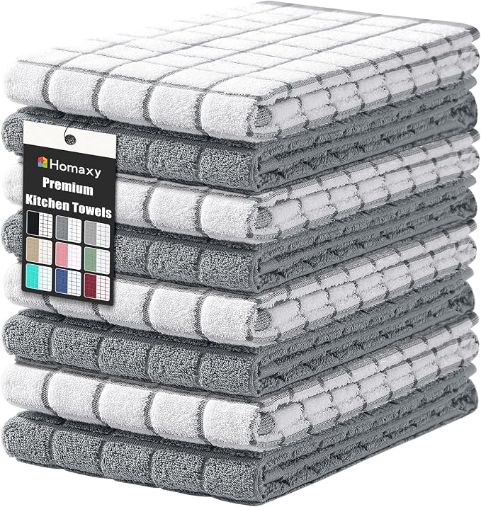 Homaxy Large Premium Cotton Kitchen Towels 16"x 28", 8 Pack, Grey | Natural Ring Spun 390 GSM Dish Towels, Super Absorbent Terry Kitchen Hand Towels, Soft Tea Towels with Hanging Loop