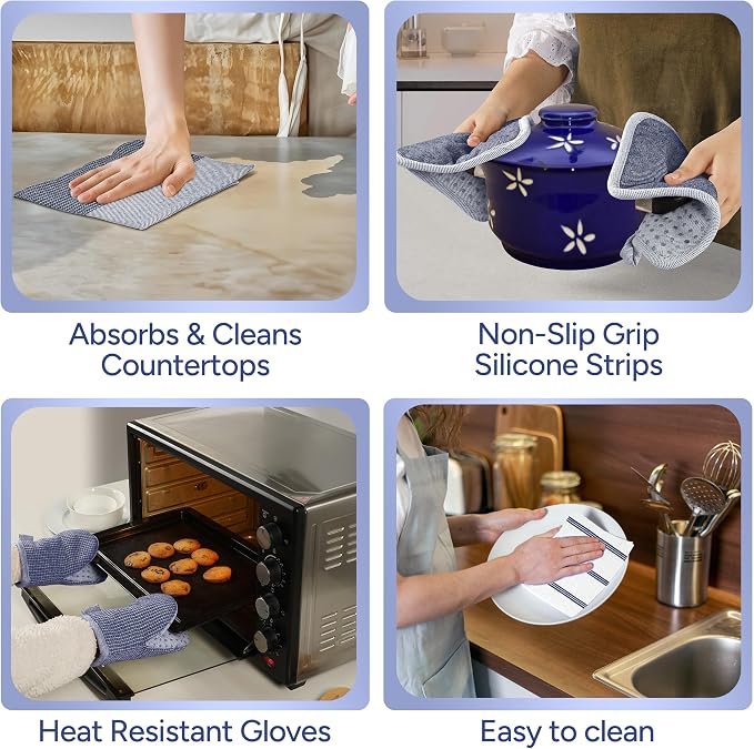 Casa Platino Mini Oven Mitts Set, 8-Piece – 500°F Heat Resistant Silicone Oven Mitt, Potholders for Kitchens, 2 Kitchen Towels & 2 Dish Cloths – Non-Slip & Durable – Indigo