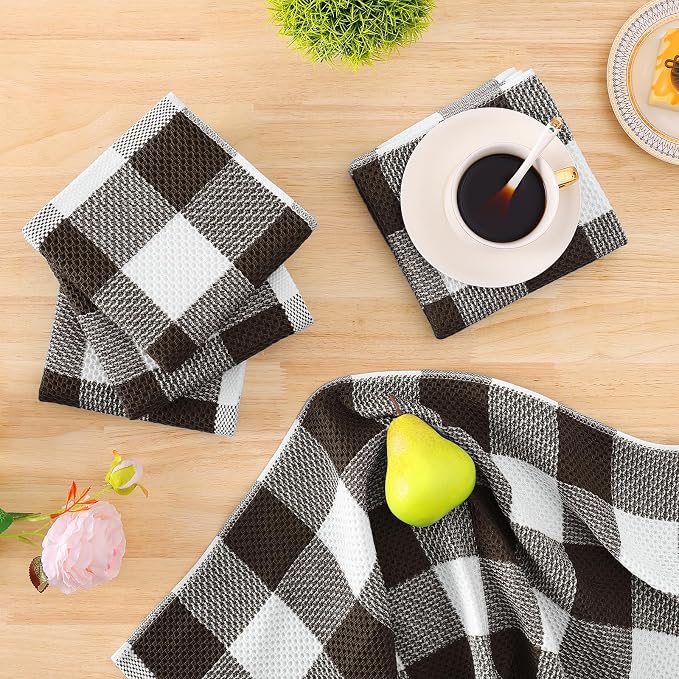 Homaxy Kitchen Towels and Dishcloths Set, Set of 12, White & Dark Brown | Bulk Cotton Waffle Weave Check Plaid Kitchen Towels, Super Soft and Absorbent Dish Cloths, 12 x 12 and 13 x 28 Inches