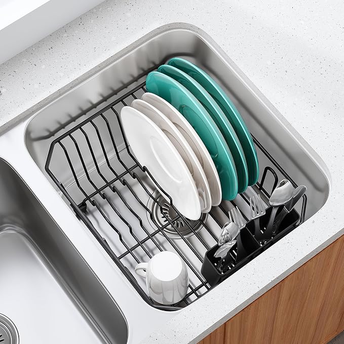 JASIWAY in Sink Dish Drying Rack, Stainless Steel Small Black Dish Drainer | Perfect Fit 12"x14" Double Bowl Sink, Counter Space Saving for Kitchen, Apartment, Sturdy Dish Dryer with Utensil Holder